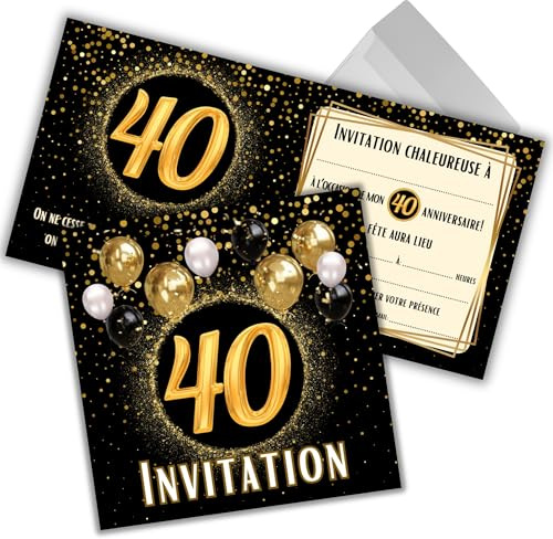 JOCERO - Invitation Anniversaire 40 Ans – Cartes Invitation 40e Anniversaire Homme Femme – Lot de 12 Cartes 12x12 cm avec Enveloppes – Carton Invitation Élégant Noir Or à Remplir Anniversaire Adulte