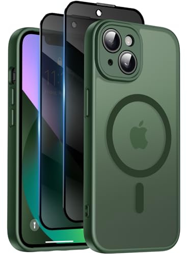 Qasyfanc Funda Magnética para iPhone 13 Compatible MagSafe con 2 Privacidad Cristal Templado Antiespia, Protección de Cámara Carcasa Translúcida Mate Trasera, Fina Antigolpes Verde Oscuro