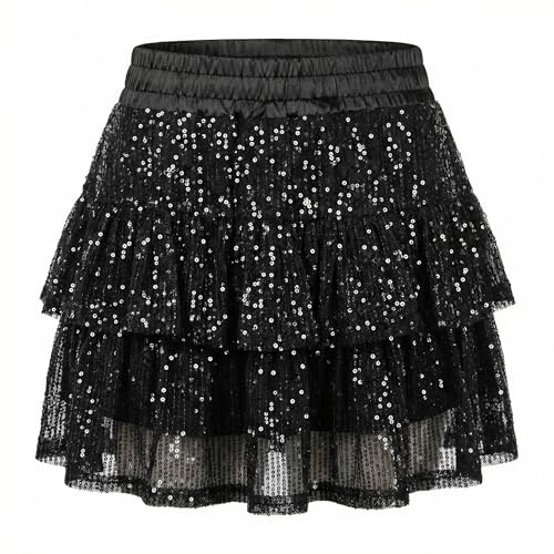 Zidoley Glitzer Rock Pailettenrock für Damen Dehnbare High-Waist Skirt mit Pailletten für Party Rave Outfit Karneval (L, Schwarz)