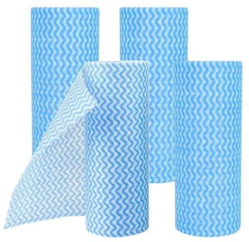 Gtwinsone Set di 4 Rotolo Tessuto Non Tessuto Panno di Pulizia Usa e Getta Strofinacci Cucina Canovacci 200 Pezzi Panni per Pulizia Strappabili Riutilizzabile Panno Stracci per Bagno Cucina (Blu)