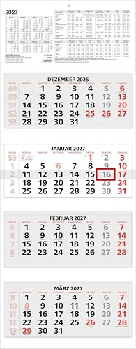 4-Monatskalender rot 2027: Wandkalender 33x85 cm mit 4 Monaten pro Blatt, Datumschieber, Wochenzählung, Feiertagen & Ferien ideal für Büro & Homeoffice