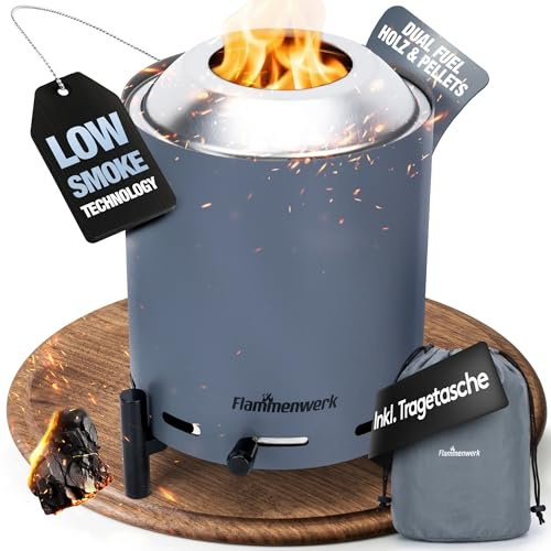 Flammenwerk Tischfeuer Outdoor - für Pellets & Holz Edelstahl doppelwandig | 360° Luftregulierung inkl. Tragetasche - ideal für Balkon Terrasse und Camping - rauchreduziert Grill Feuerschale