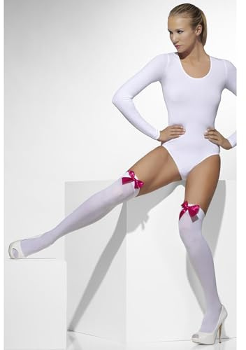 Opaque Hold-Ups, White, with Fuchsia Bows