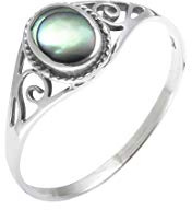 Silverly Filigraner Ring aus Sterlingsilber mit Seilrahmen Oval Abalone-Muschel für Damen | Cabochon-Ring aus 925er Silber im Vintage-Stil mit Rankenmuster | Verzierte Edelsteinringe | Boho Schmuck