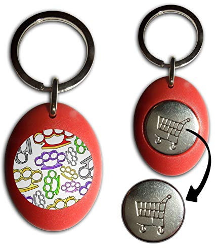 Knuckle Duster Pattern - Red Plastic Shopping Trolley £1 Coin Key Ring