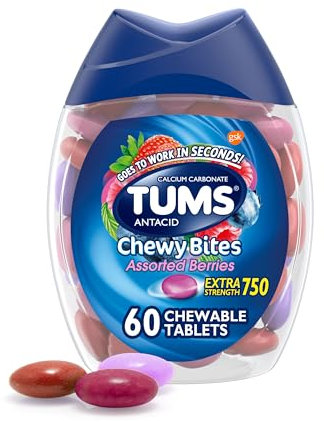 TUMS Chewy Bites Antacid Tablets for Chewable Heartburn Relief and Acid Indigestion Relief, Assorted Berries - 60 Count