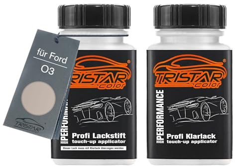 TRISTARcolor Autolack Lackstift für Ford O3 Champagne Gold Metallic +1K | Set aus Basislack + Klarlack, Lackfläschchen mit Pinsel, je 50ml