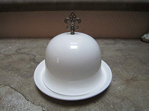 Käseglocke Glocke rund Keramik Creme weiß mit Franz. Lilie Silber Shabby