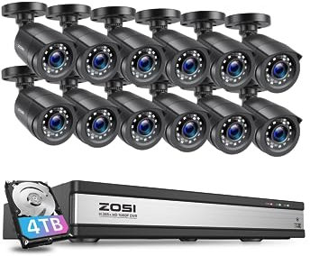 ZOSI 1080p 16CH Security Camera System,16 Channel H.265+ 5MP DVR with 4TB HDD and 12Pcs Outdoor Indoor 1920TVL 2MP CCTV Bullet Cameras with 80ft Long Night Vision, Human Vehicle Detection