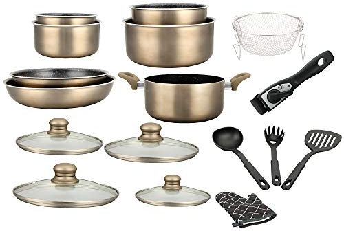 Batterie de cuisine - lot de casserole induction - set casserole et poele tous feux - set de cuisine de 17 éléments « spécial cuisson » avec casseroles et poêles revêtement marbre et poignée amovible