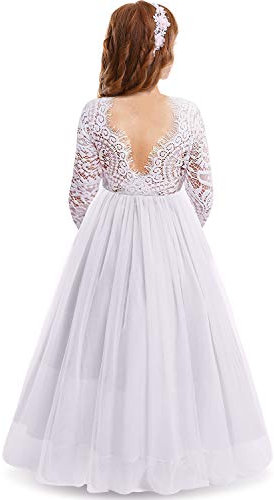 IWEMEK Cils Dos Nu V-Back Dentelle Tulle Maxi Robe Manche Longue Fille Mariage Honneur Robes de Bal Ceremonie Première Communion Soirée Anniversaire Fête Robes pour Enfants Blanc 2-3 Ans