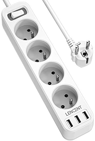 LENCENT Bloc Multiprise 3 Ports USB 2,4A 12W Chargeur et 4 Prises 4000 W avec Interrupteur, Câble 1,5 m, Multiprise Electrique pour la Maison Le Bureau ou la Cuisine, Blanche