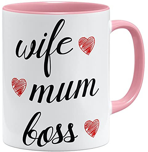 OM3® Wife Mum Boss Tasse mit Spruch II | Keramik Becher | 11oz 325ml | Beidseitig Bedruckt | Rosa