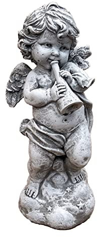 stoneandstyle Figura de ángel con trompeta de piedra fundida, resistente a las heladas y a la intemperie.
