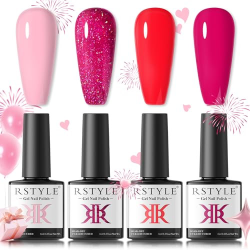 RSTYLE UV Shellac Nagellack Set, 4 Farben Rosa UV Nagellack Glitzer Rot Gellack Gel Nail Pink Farbgel für Gelnägel Gel Polish für Nail Art Salon Maniküre 6ML Rosa