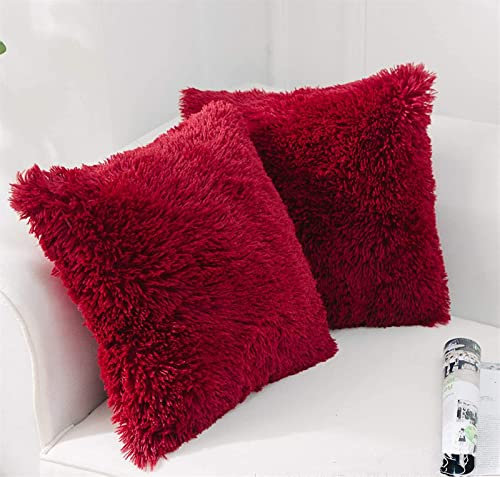 RAILONCH 2Pcs Kissenbezüge Künstlich Langhaar Zierkissen Kissenbezug Kunstfell Flauschig Deko Kisse Sofakissen Zierkissenbezüge für Sofa Büro (Rot)