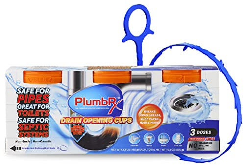 PlumbRx DRAIN OPENER CUPS | Hair Drain Clog Remover | Drain Cleaner for Toilets, Sinks, Bathtubs - Septic Safe | 3 Cups + Serpien Tool