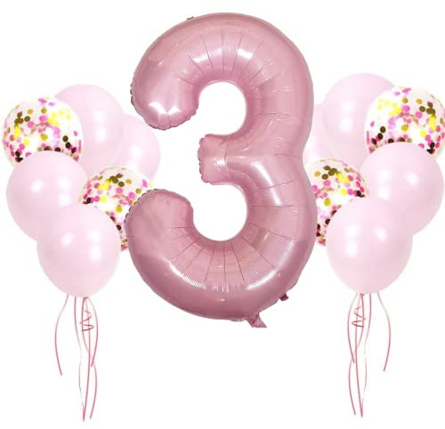 DIWULI Geburtstagsdeko 3 Jahre Rosa - Luftballon Set Zahl 3