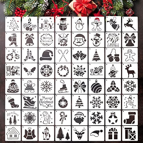 MWOOT 64 Stück Weihnachten Schablonen Stencils Set, Wiederverwendbares Malerei Vorlage Bemalen Zubehör, DIY Christmas Schablone zum Malen an Wand, Karten Basteln, Rahmen Dekoration(7.6x7.6cm)