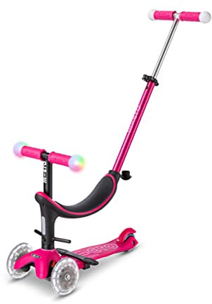 Micro Mobility micro mini2grow Deluxe Magic 4 in 1 mit LED Rollen, Schubstange, Laufrad Scooter, ab 12 Monaten in der Farbe Rose, MMD359
