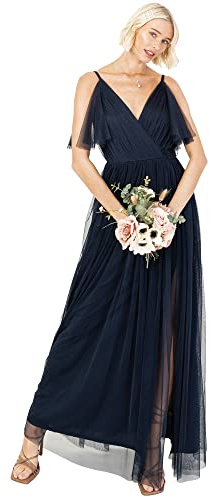 Anaya with Love Women's Ladies Women Long Length Maxi Short Sleeve Cami V Neckline Long Length Empire Waist Bridesmaid Dress, Navy Blue, 22 UK