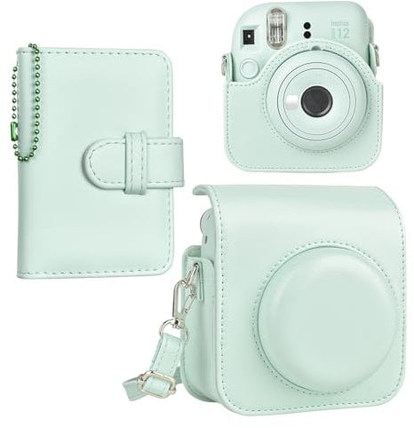 HIYQIN Étui pour Appareil Photo instantané Compatible avec Instax Mini 12, Sac en Cuir PU avec Poche, bandoulière réglable et Mini Album Photo 28 Poches (Vert Pur)