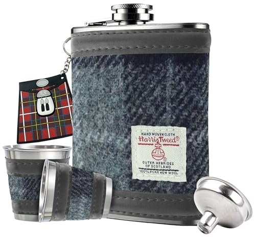 BRAW CLANS TARTANS Gift Box - 6oz Harris Tweed Hip Flask, Shot Glasses, Pour Funnel, Coaster, Keyring – Stainless Steel Tartan Liquor flasks for Men - Leak Proof lid (Grey Black Tartan)