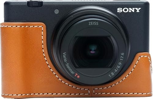 ZV-1 Mark II Case, Zakao Handmade Genuine Real Leather Half Camera Case Bag Cover for Sony ZV-1 Mark II Bottom Opening Version with Hand Strap (Yellow)