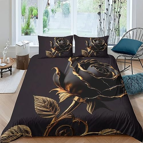 QLasic Rose Noire Parure De Lit Housse De Couette De Couette 3D, Literie en Microfibre Housse De Couette Super Douce Et Respirante avec Taies (Double（200x200cm）)