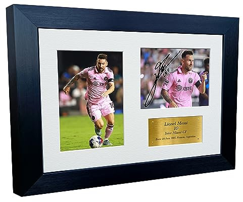 Lionel Messi Inter Miami Autogramm-Foto-Bilderrahmen mit Autogramm, 30,5 x 20,3 cm, Goldfarben
