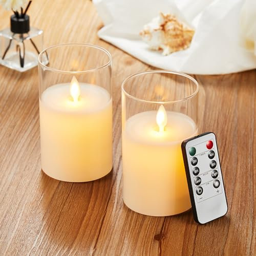 LED Kerzen【2 Stück】, Flammenlose Kerzen Flackern, LED Kerzen Flackernde Flamme mit Glas, LED Kerzen mit Fernbedienung, Echtwachssäule Kerzen, Batteriebetriebene Kerzen mit 24 Stunden Timer(10cm-Weiß)