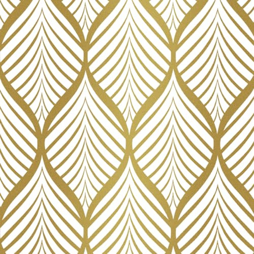 Ohmywor Papier peint autocollant à motif géométrique doré et blanc, effet bande dorée, papier peint autocollant en plastique pour salon, chambre à coucher, 44,5 x 600 cm