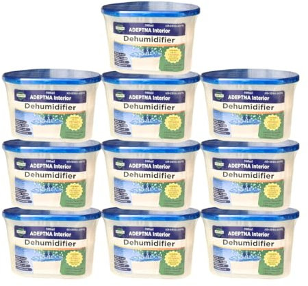 ADEPTNA 500ML INTERIOR DEHUMIDIFIERS MOULD MILDEW REMOVER ABSORBS MOISTURE HELPS STOP DAMP AND CONDENSATION - IDEAL FOR HOME KITCHEN BATHROOM OFFICE CARAVAN GARAGE (PACK OF 10)
