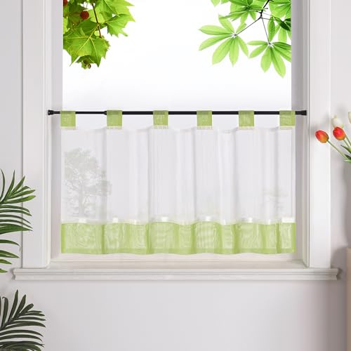 HeichkelL Scheibengardine, Leinenoptik Gardine, Grün HxB 60x120 cm | Küchengardine mit Schlaufen, Halbtransparent Bistrogardine, Landhausstil Kurzstores
