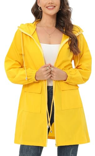 Veste de pluie pour femme - Imperméable - Légère - Pliable - Coupe-vent - Avec capuche - Veste de pluie avec poches, Jaune 1, S