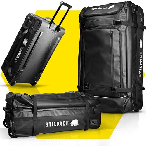 Stilpack Reisetasche mit 2 Rollen bis 120L Schwarz | Große Reisetrolley mit integriertem Sicherheitsschloss | Reisekoffer Duffle Bag Sporttasche Rollkoffer | Perfekt für Urlaub Outdoor Sport