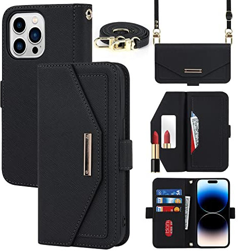CAVOR Handykette Handyhülle kompatibel mit iPhone 15 Pro Hülle Mit Band,Flip Leder Geldbörse Handyhülle,[Spiegel][5 Kartenfach][Magnetisch],Klapphülle Handytasche zum umhängen - Schwarz