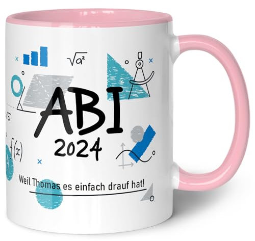GRAVURZEILE Bedruckte Tasse mit Spruch - Abi - Personalisiert mit Namen & Jahr - Weil ich's einfach drauf hab! - Spülmaschinenfest - Geschenk zum Abschluss für Jungen & Mädchen - Farbe: Rosa