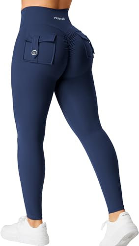 YEOREO Damen Sport Leggings mit Pockets V Taille Gym Leggings Butt Lifting Workout Yoga Fitness Leggings Marineblau M