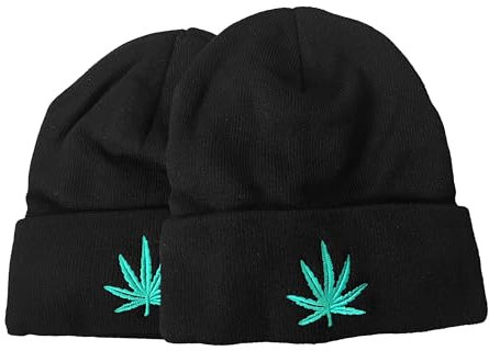 Strickmützen mit Marihuana-Blatt-Stickerei, Fleece-Futter, Einheitsgröße, Schwarz / Grün, 2 Stück, Schwarz Grün, Einheitsgr��e