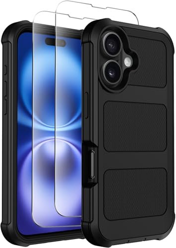 Temcase for iPhone 16 Case [with Screen Protector X2], Dual-Layer Heavy Duty Rugged Bumper Tough Non-Slip Shockproof Protective Phone Case for Apple iPhone 16 (Black)