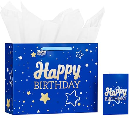 33 cm große blaue Happy Birthday Geschenktüte mit Seidenpapier und Grußkarte
