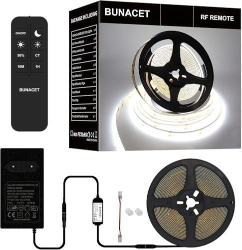 BUNACET COB LED Streifen 6M, LED Strip Kaltweiß Dimmbar 6500K, CRI90+ Lichtband LED Band Stripes mit Netzteil und RF Fernbedienung für Küche, Schlafzimmer, Wohnzimmer, Schrank, Spiegel