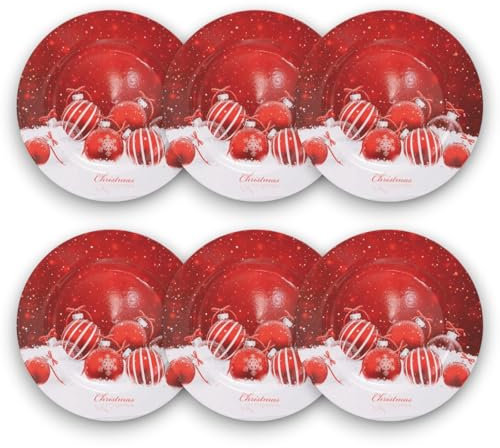 Set di 6 Sottopiatti Natalizi da 33 cm con Decorazioni a Tema Palline di Natale Rosse, Perfetti per Tavole Festive – Sottopiatti in Plastica Rigida Resistenti ed Eleganti per Cene e Pranzi Natalizi