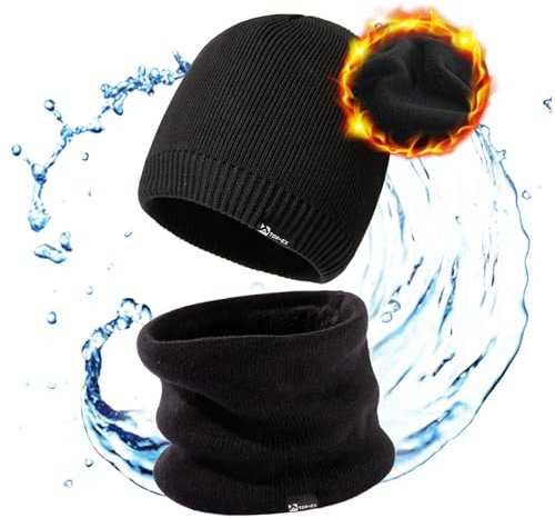 TOP-EX wasserdichte Merino Beanie Mütze Schal Set Herren Damen Wolle Wintermütze Warm Fleece Strickmuetze Regenmütze Schwarz L