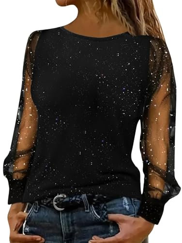 Glitzer Shirt Damen, Pailletten Tshirt Damen Sommer Festliches Oberteil Elegant Aufdruck Karnevalskostüme Faschingskostüme Longbluse Sale Angebote Schwarz XL