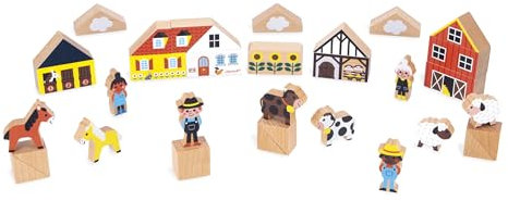 Janod J05937 Set aus 34 Würfeln aus Massivholz-Thema Land-Ideal als Ergänzung zum Autoteppich-Konstruktionsspielzeug-Fördert die Vorstellungskraft-Holzspielzeug FSCTM-Ab 2 Jahre-J05937