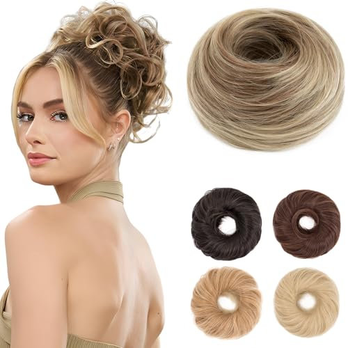 Benehair Haarteil Mit Gummiband Dutt Haarteil Haargummi Mit Haaren Synthetisch Haarverlängerung Haardutt Messy Bun für Damen Mädchen(Blond Mix Dunkelbraun, 55g)