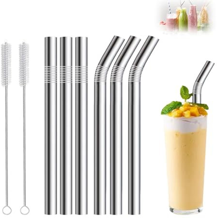 6 Pcs Reusable Metal Straws, 12mm Wide, Stainless Steel Straw & Smoothie Straw, 3 Bent Straws 265mm & 3 Straight Straws 215mm with 2 Cleaning Brush for Cocktail and Hot Drinks (Silver)