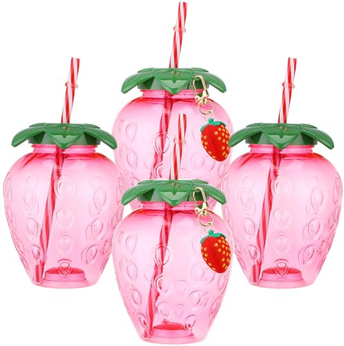 MAGICLULU Erdbeer Strohbecher Mit Deckel Und Strohhalm Süßer Trinkbecher Für Sommerpartys Hawaii Mottoparty Und Mädchen Wiederverwendbarer Bubble Tea Becher